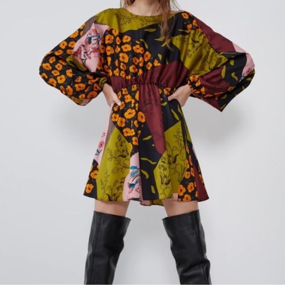 ZARA Patchwork Print Floral Satin Boho Dress